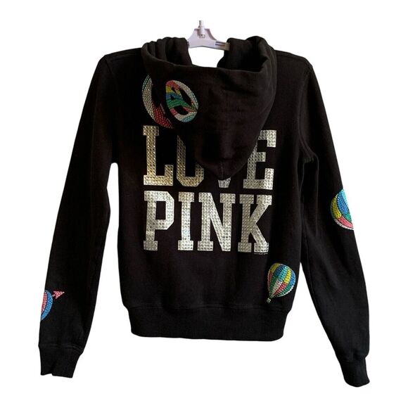 PINK Victorias Secret Jacket Womens S/P Black Logo Bling Sequin Hoodie Full Zip - Picture 10 of 14